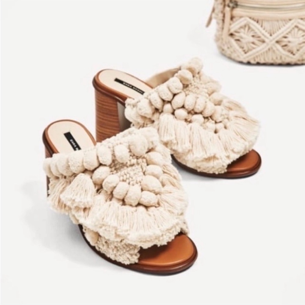 NWT Zara Crochet Pom Pom Embroidered Fringe Stacked Heel - Picture 3 of 11